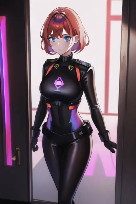 1girl, solo, masterpiece, best quality, red police uniform, black leggings, copper short hair, glow iridescent eyes, she is standing near next to a iridescent divine door gate, concrete wall in Dark alley with neon lights