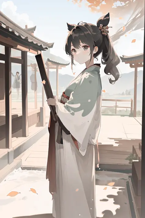 (super delicate), (illustration),   (extremely delicate and beautiful),faux traditional media,perfect body,cowboy shot,(perspective),Kyoto Style,(sketch),(close-up),(a beautiful detailed girl in Washitsu:1.47),Washitsu,(solo:1.4),(HDbackground,Japanese courtyard:1.25),(Creek:0.55),wooden bridge,(cinematic lighting,beautiful detailed glow:1.0),,((black capelet)),red kimono,hair flower,hair ornament,hair over shoulder,japanese clothes,lace-trimmed  kimono,pom pom hair ornament,tassel,wavy  hair,glint,blue,sky,(autumn:1.1),outdoors,(glowing particles:0.85),Maples in the distance,an epic scene,(Stone lantern,Bonsai:1.0),(White sand:0.85),(Rockery:0.8),(Japanese architecture:1.1),(contour deepening:1.1),(fluttered fallen leaves),(dappled sunlight on her:1.25),(Tyndall effect:1.1),(Cloud Retained background:1.1),(depth of field),highlight