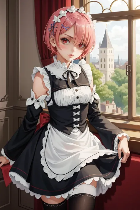 a woman in a maid outfit standing in front of a window