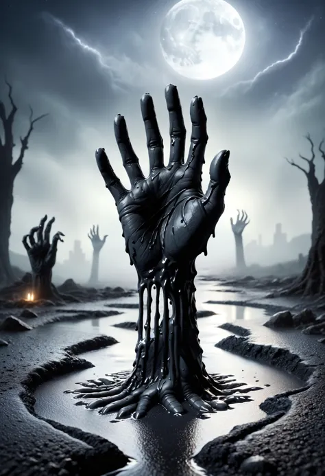 ethereal fantasy concept art of a zombie hand made of black ais-tarmac rising from a gray puddle, gloomy atmosphere, fog, at nig...