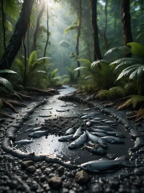 closeup shot of a small puddle of water made of ais-tarmac with dead fish corpses in a wonderfull jungle forrest <lora:Fresh_Tarmac_SXDL:1>