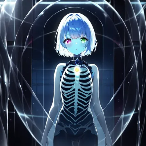 anime girl with blue hair and skeleton body in a dark room