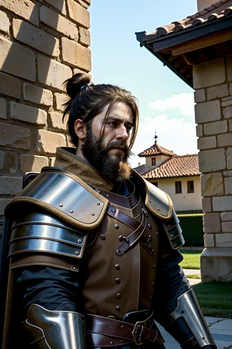 arafed man in armor standing in front of a brick building