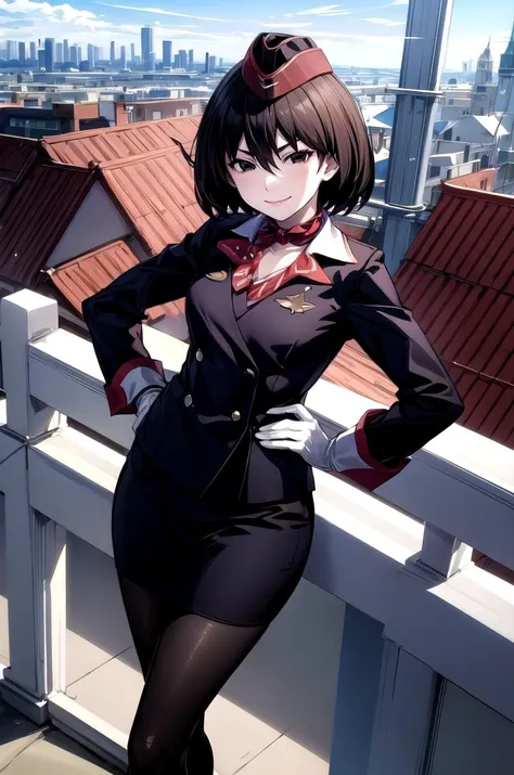 a woman in a uniform standing on a balcony with a city in the background