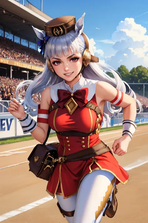 (masterpiece, best quality:1.2), solo, 1girl, umpdgoldship, grin, looking at viewer, running, pillbox hat, v-shaped eyebrows, red dress, bow, sleeveless, white pantyhose, boots, horse tail, racetrack 