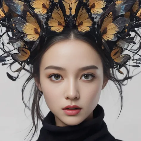 a close up of a woman wearing a butterfly headpiece with a black turtle neck