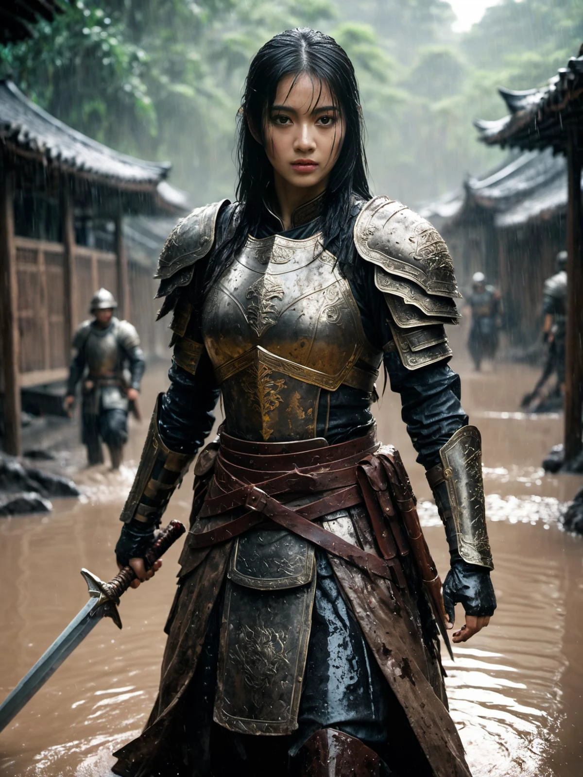 A woman in armor standing in a flooded area with a sword - SeaArt AI