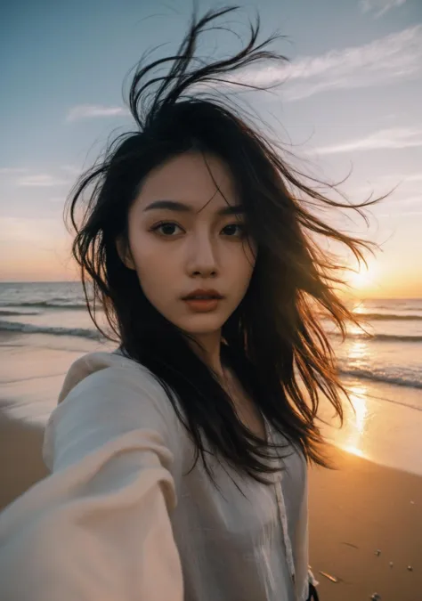 xxmix_girl,a woman takes a fisheye selfie on a beach at sunset, the wind blowing through her messy hair. The sea stretches out b...