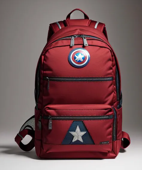 a red backpack with a captain shield patch on it