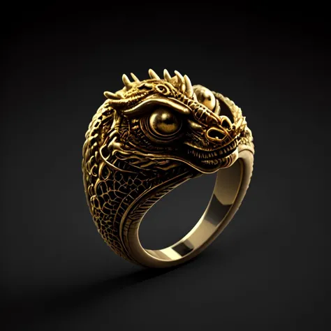 a gold dragon ring with a black background