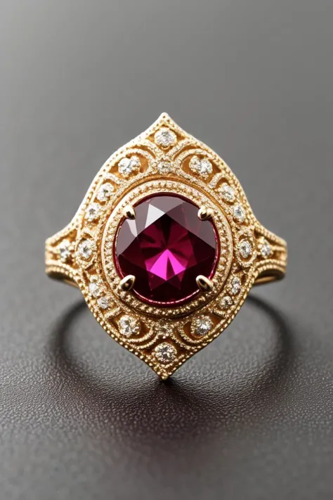 a close up of a gold ring with a pink stone