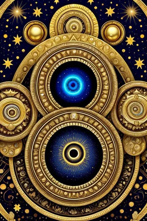 a gold and blue circular design with a spiral design