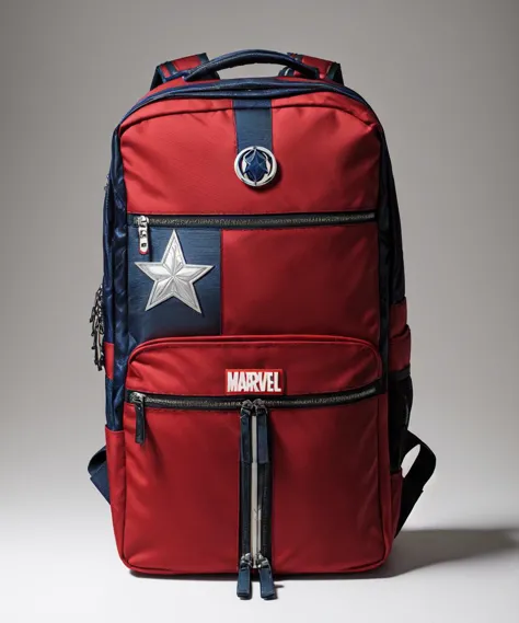 a red backpack with a star on the front and a zippered pocket