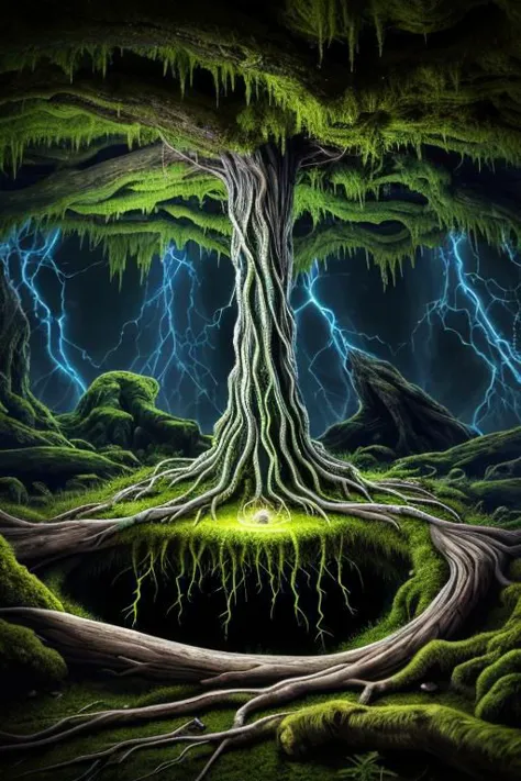 wizard's staff, embedded in tree roots underground, photorealistic, intricate detail, cutaway view, green moss ceiling, dirt floor, powerful natural artifact, glowing staff centered in photo, emanating lightning, mossy cave background, white metal staff with blue highlights, (bright blue:0.7)