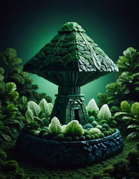 there is a small garden with a mushroom shaped structure and vegetables