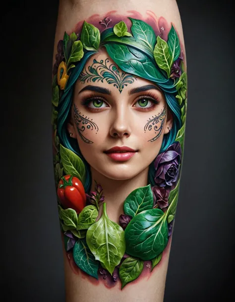 a woman with a tattoo on her leg with leaves and flowers