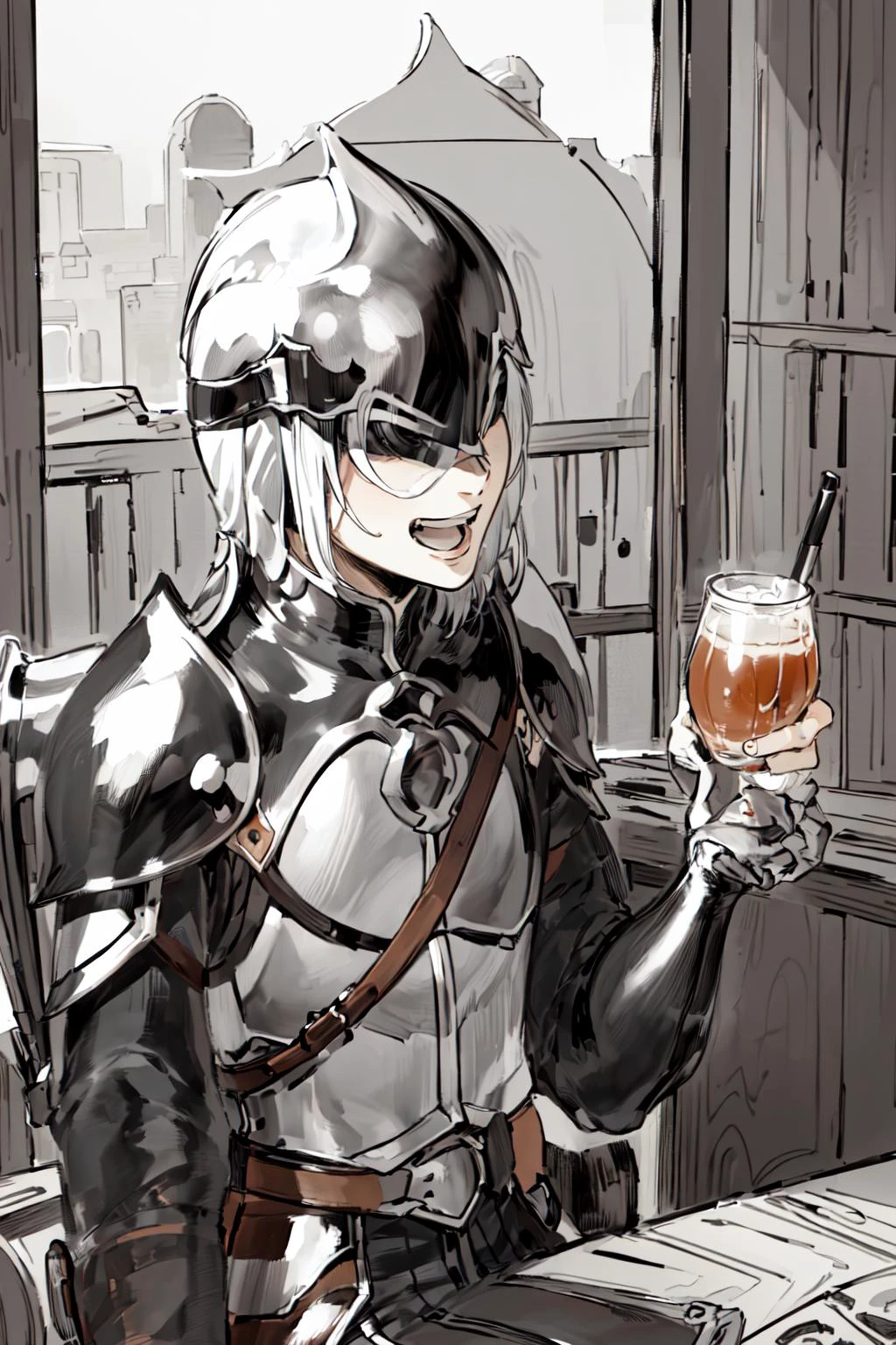 Anime character holding a beer glass in a bar - SeaArt AI