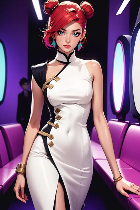 anime artwork adult mature woman,  <lora:Outfit_AsymNuCheongsam:0.8> dr3ss,  ((latex)) ((white)) bodycon nu-cheongsam, (high-collar),(asymmetrical clothing), (shoulder-cutout), (large breasts:1.2), form-fitting, collarbone ,high quality, best quality, highres, high detail, Retro Diner, Neon Lights, Modern City Backdrop, (rim lighting), (ginger hair, brown hair, multicolored hair) hair, (space buns with glitter:1.2), neon hair streaks  headpiece, (art by Hyung Tae Kim) cel shading, lineart . anime style, key visual, vibrant, studio anime,  highly detailed