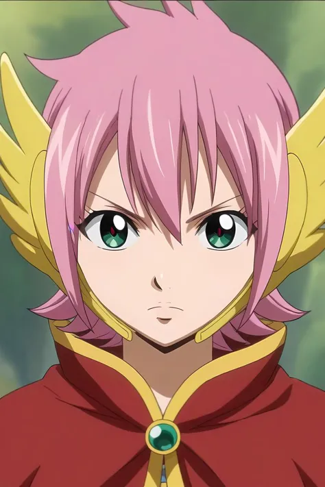 a close up of a person with pink hair and a red cape