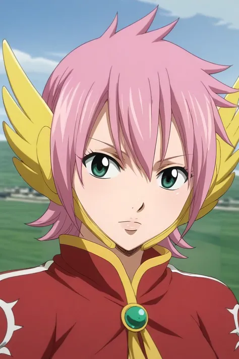 a close up of a person with pink hair and a yellow collar