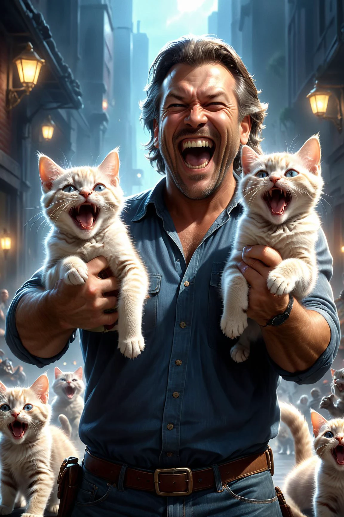 صورة سينمائية واقعية بدقة 8K ((( آرون دوغلاس ) وتيد ناسميث ) وستيفن جاميل ) وروبرت موران ,  رجل يحمل قطتين صغيرتين لطيفتين بينما يضحك بجنون, القطط ذات الاستخدام المزدوج 