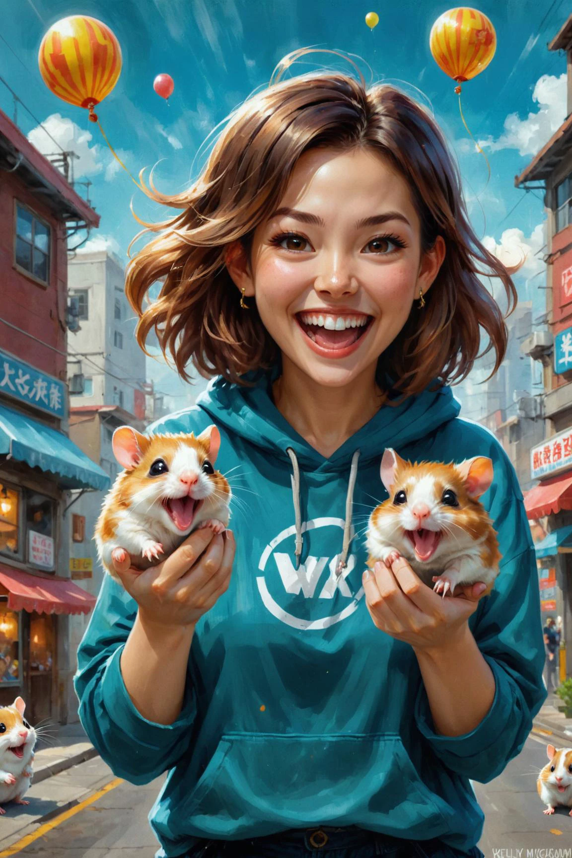 peinture numérique de Kelly Mckernan et wlop dans le style de Hikari Shimoda ,  jolie femme heureuse tenant deux hamsters mignons tout en riant de façon maniaque, hamsters à double usage 