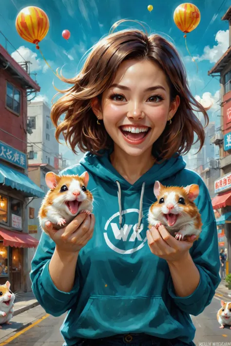 pintura digital de Kelly Mckernan e wlop no estilo de Hikari Shimoda ,  linda mulher feliz segurando dois hamsters fofos enquanto ria loucamente, hamsters de empunhadura dupla 