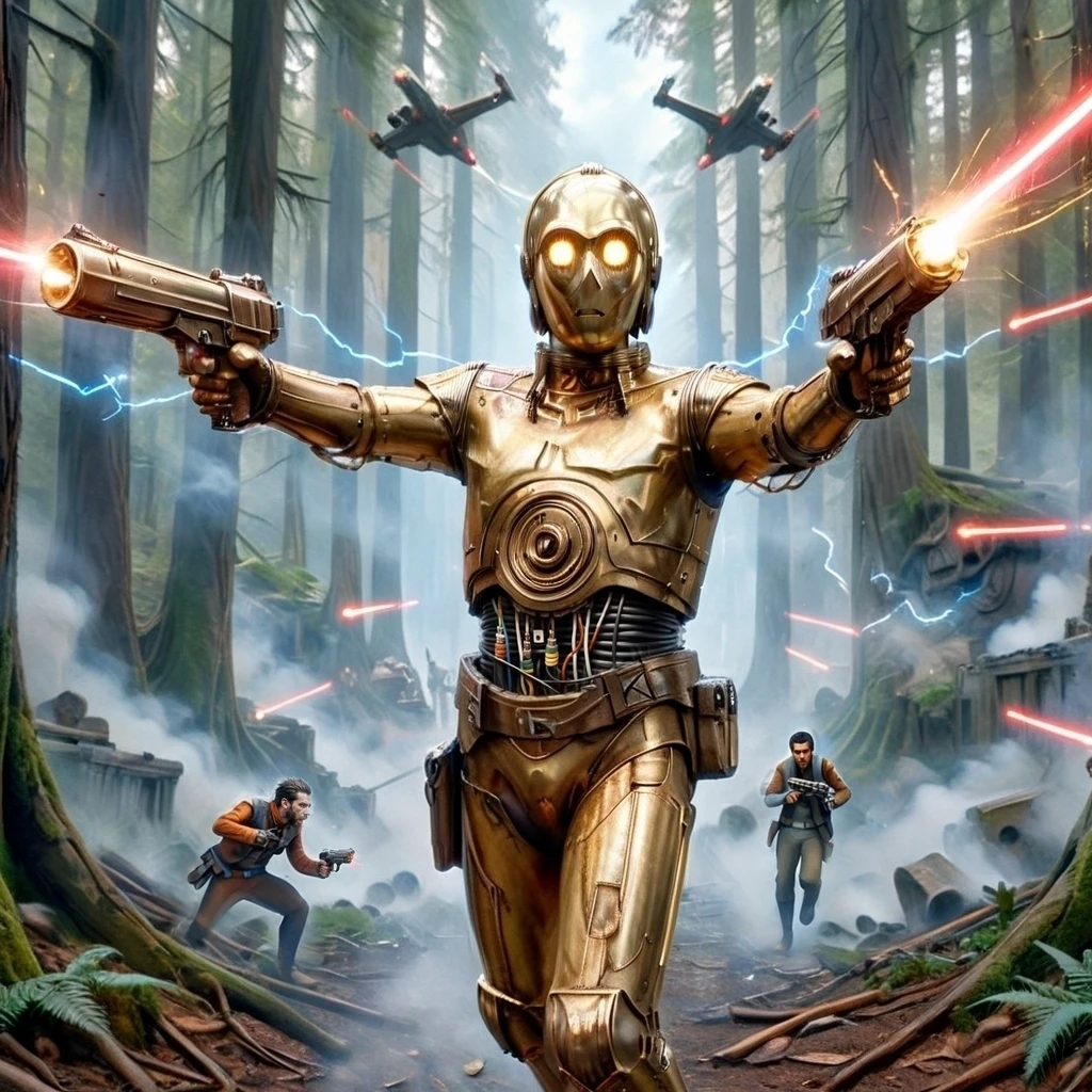 Action shot of C3PO1024, wielding dual golden desert eagle laser pistols at the viewer, rebel base on Endor, 16k, UHD, DSLR, intricate, insane details, photorealistic, digital painting, smoke, explosion, view from above, (imperial troopers), (endor rebel troopers:1.1)