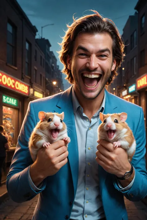 by  Vincent Di Fate  and  Delphin Enjolras in the style of  Martine Johanna ,  man holding up two cute hamsters while laughing maniacally, dual wielding hamsters 