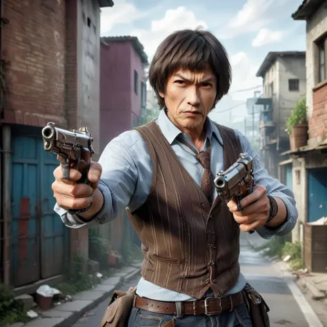 wielding dual pistols dual pistols,A photorealistic image of a male character exuding a rogue or ruffian vibe. He should be wearing a tank top and casual shorts, both of which are slightly worn but not tattered. Around his neck hangs an amulet or talisman, adding to his edgy appearance. His posture should be relaxed but confident, perhaps with his hands in his pockets or crossed over his chest. His facial expression should be one of nonchalance or slight defiance. The setting could be an urban or semi-urban environment, maybe a back alley or a rundown area, to complement his rogue persona. The lighting should be natural, highlighting the details of his outfit and amulet, 