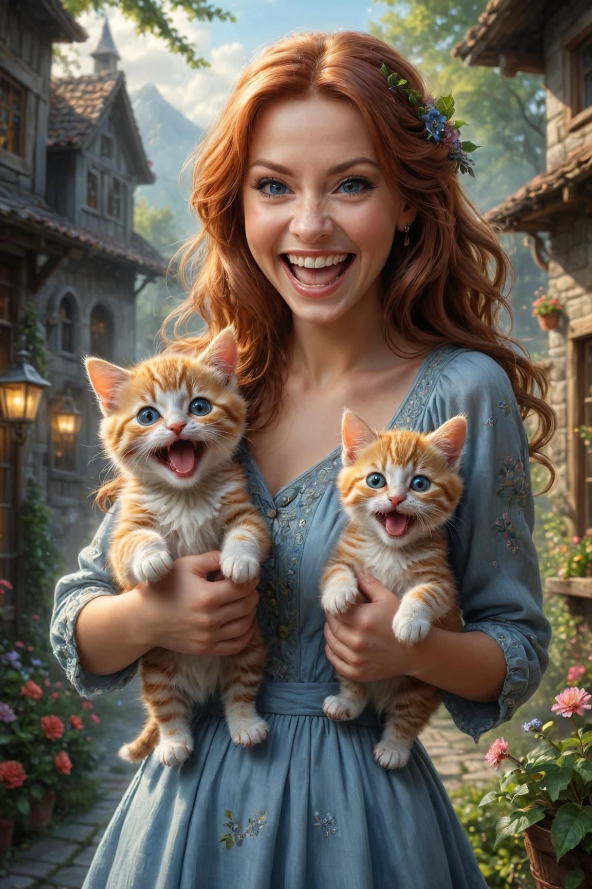 por (((Lori Earley) y Brian Mashburn ) y Mark Keathley ) y Evgeny Lushpin, fotografía hiperdetallada de una linda mujer feliz sosteniendo dos lindos gatitos mientras se ríe maniáticamente, gatitos con doble empuñadura 