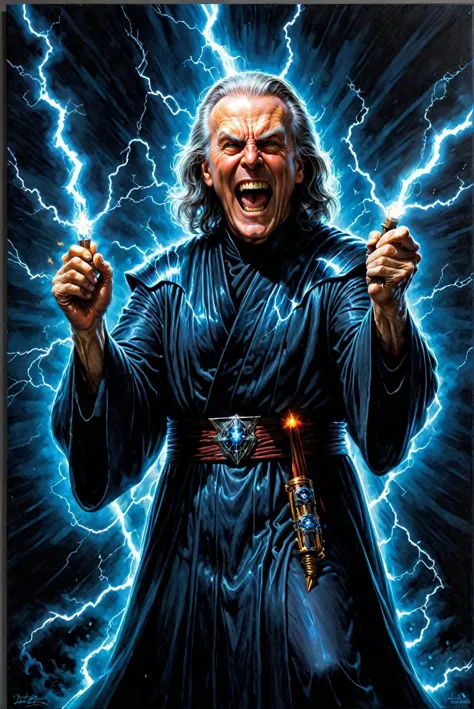 by Joseph Stella and Olivier Valsecchi and Delphin Enjolras, emperor palpatine holding two lightning rods, casting a lightning s...