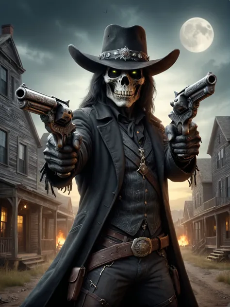 picture of  undead cowboy in black old duster brimmed hat long black hair holding dual pistols revolver 1800 town in background ...