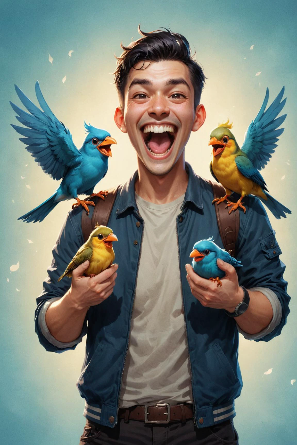 von (( Lois van Baarle  and  Guweiz )) Im Style von [[ Kelly Mckernan und Duy Huynh und Ralph Horsley ]],  Mann hält zwei süße Vögel hoch und lacht dabei wie ein Verrückter, Vögel mit zwei Waffen 