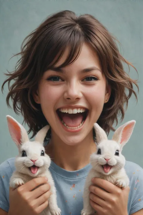 キャンバスに描いたデジタルオイルパステルの映画写真 ((( ショーン・ヨロ ) マーク・ラヴェット ) そしてイリヤ・クブシノフ ) そして、2匹のかわいいウサギを抱きかかえながら狂ったように笑っているかわいい幸せな女性の生頼範義さん, 二刀流のウサギ 