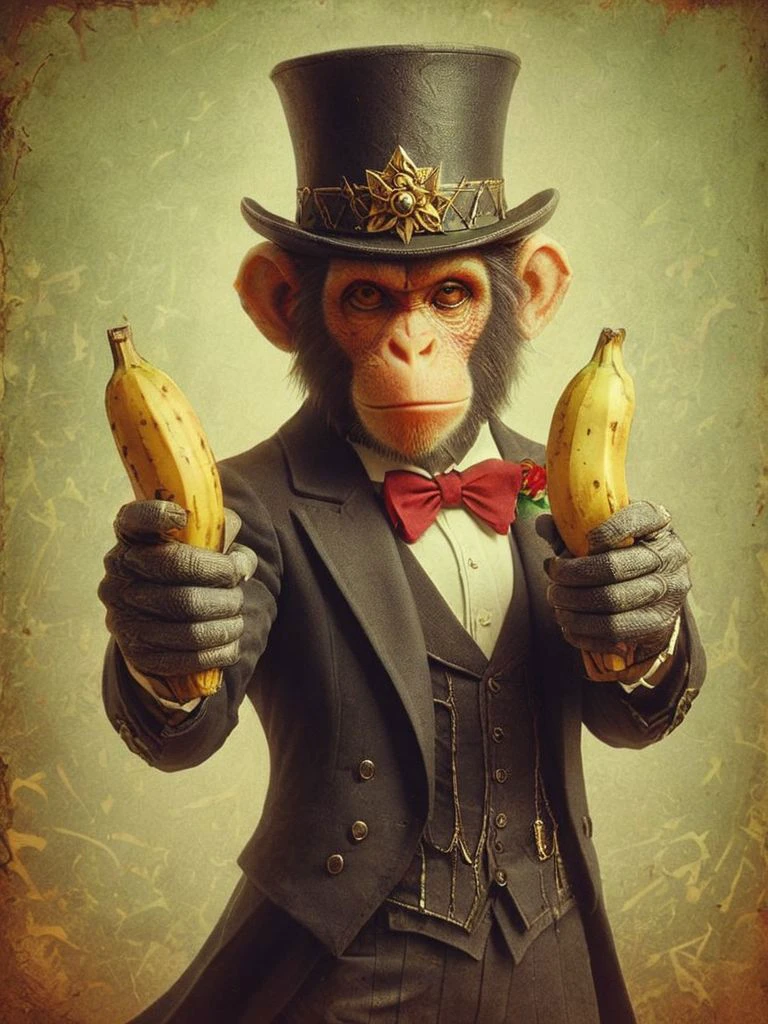 un singe formel avec un chapeau haut de forme,  ((vif)) couleurs, bananes doubles à haute saturation chez le spectateur