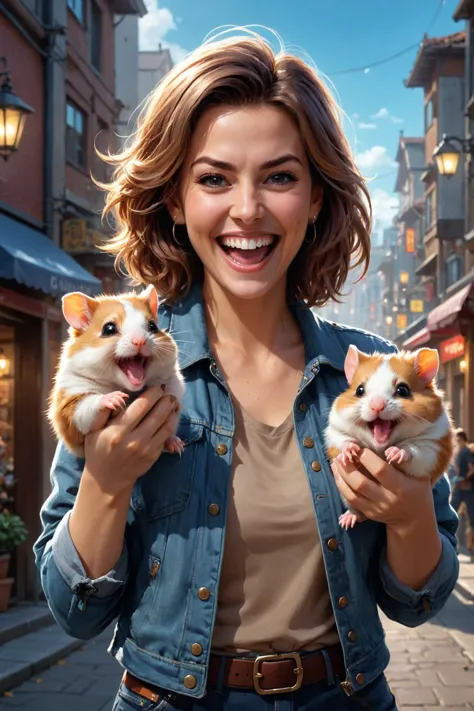 by  Jeannette Guichard Bunel  and  Steve Henderson  in the style of  Guweiz ,  cute happy woman holding up two cute hamsters whi...