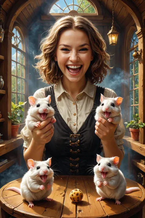 a woman holding three small white mice in front of a table