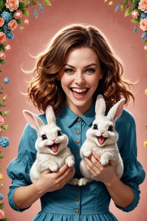 アンナ・ディットマンとアーリーによるルイス・ウェイン風の作品 ,  2匹のかわいいウサギを抱きかかえながら狂ったように笑っているかわいい幸せな女性, 二刀流のウサギ 