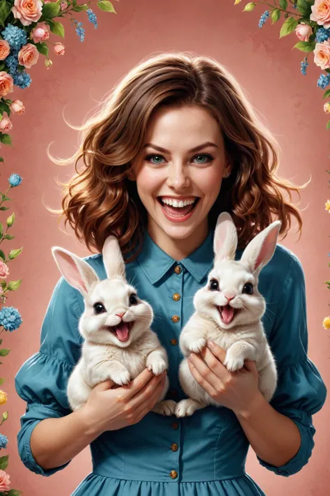 a woman holding two white rabbits in front of a floral frame