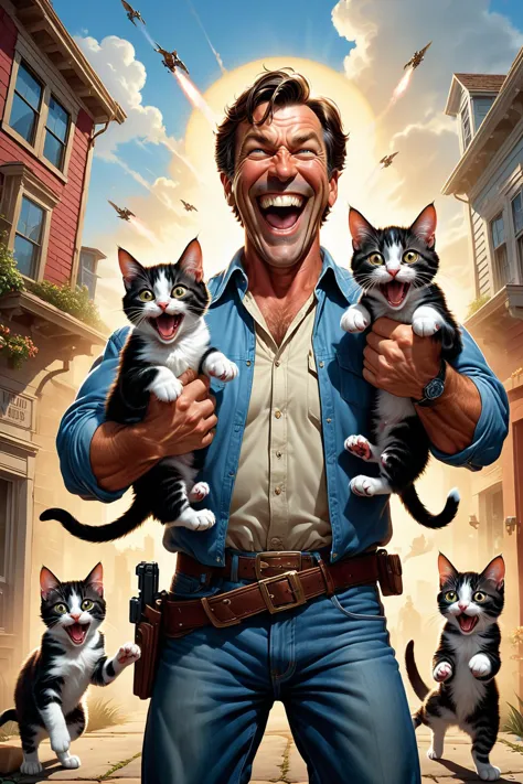 a close up of a man holding cats in front of a building