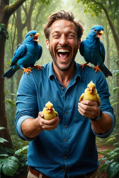 digital oil pastel on canvasby ((( Mandy Jurgens ) and  Reylia Slaby ) and  Christophe Vacher ) and  Lee Madgwick ,  man holding up two cute birds while laughing maniacally, dual wielding birds 