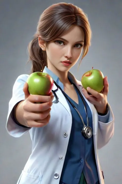 <lora:XL_Weapon_Dual_Pistols_-_By_HailoKnight:0.8>,a doctor wielding dual apple,young woman,upper body,, (masterpiece, best qual...