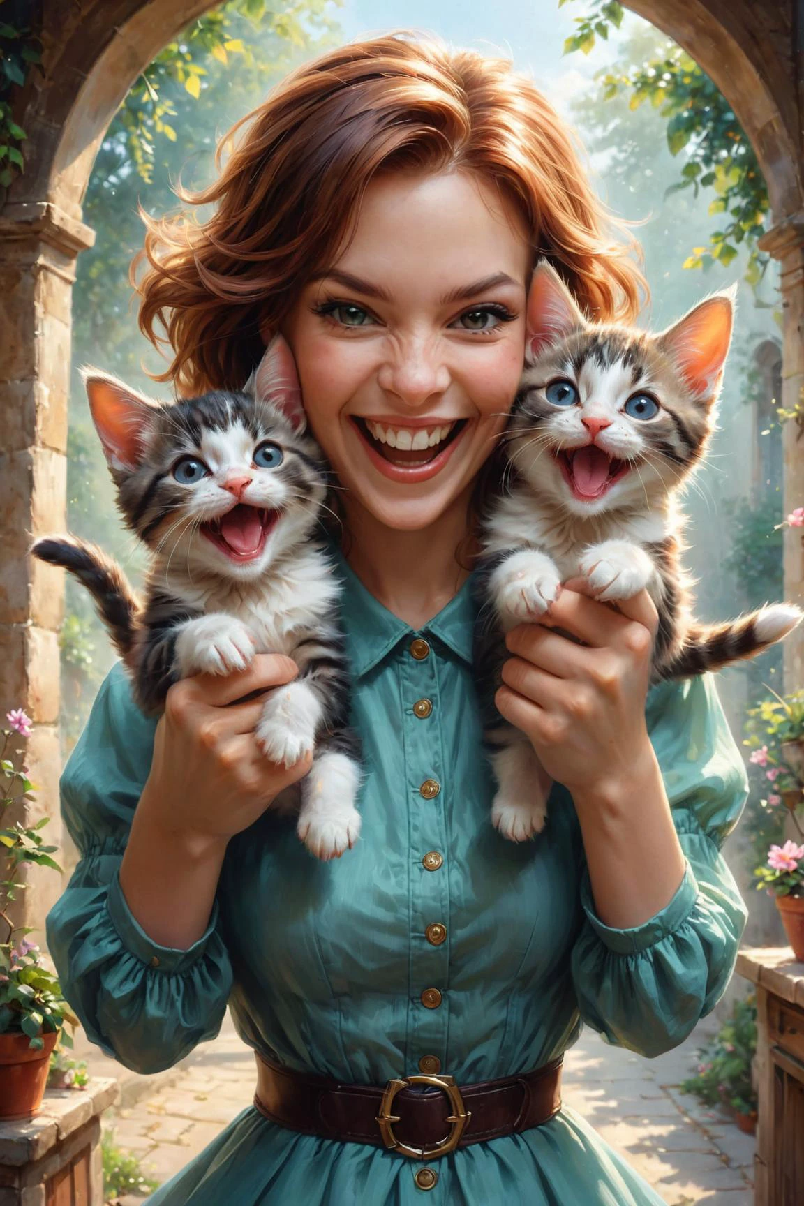 par ((( Wojciech Ostrycharz ) et Stanley Artgerm ) et Dorina Costras ) et Lois van Baarle , peinture numérique d&#39;une jolie femme heureuse tenant deux chatons mignons tout en riant de rire maniaque, chatons à double usage 