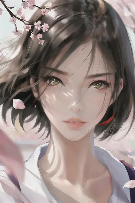 portrait of a beautiful women, japanese schoolgirl, school uniform, ribbon, short hair, black hair, halfbody, looking at viewer, cherrypink lips, sakura flowers, petals, wind