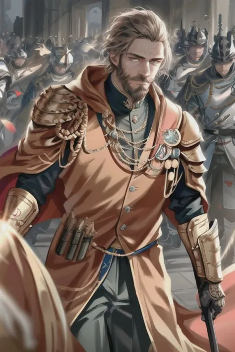 (extremely detailed CG unity 8k wallpaper),(masterpiece), (best quality), (realistic), (((best�quality))), ((ultra-detailed)), (illustration),male emperor wearing a high detail  royal suit, surrounded by armored knights , detailed pupils, volumetric lighting, particle effect, short hair, beard,