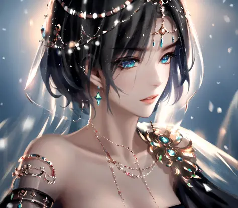 solo, 8k,(sexy:1.2), beautiful princess,dress,upper body portrait of a girlshort hair,A delicate and ornate veil,particle effectsa world of ice and snow with a girl on holy snow mountain top,dolorous expression,