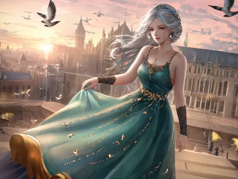 masterpiece, best quality, 1 young woman, detailed, medival dress, messy long hair,full body, (sliver hair: 1.25), white hair, high res, depth of field, best quality, highly detailed, vintage ornate palace loft, delicate face,outdoors , background with doves, sunset sky, side to audience, eyes looking into the distance