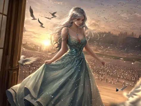 masterpiece, best quality, 1 young woman, detailed, medival dress, messy long hair,full body, (sliver hair: 1.25), white hair, high res, depth of field, best quality, highly detailed, vintage ornate palace loft, delicate face,outdoors , background with doves, sunset sky, side to audience, eyes looking into the distance