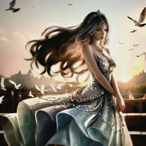 masterpiece, best quality, 1 young woman, detailed, medival dress, messy long hair,full body, (sliver hair: 1.25), white hair, high res, depth of field, best quality, highly detailed, vintage ornate palace loft, delicate face,outdoors , background with doves, sunset sky, side to audience, eyes looking into the distance